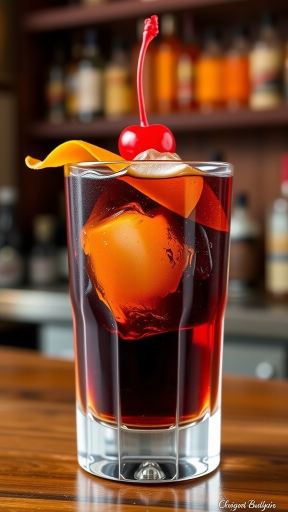 Chocolate Bourbon Old Fashioned cocktail in a lowball glass with orange peel and cherry garnish, set on a rustic wooden bar.